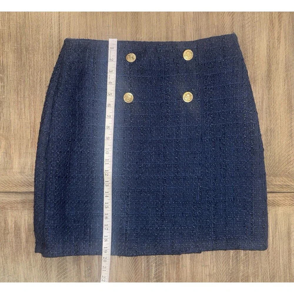 Loft Ann Taylor Navy Blue Tweed Gold Buttons Mini Pencil Skirt Lined Size 6